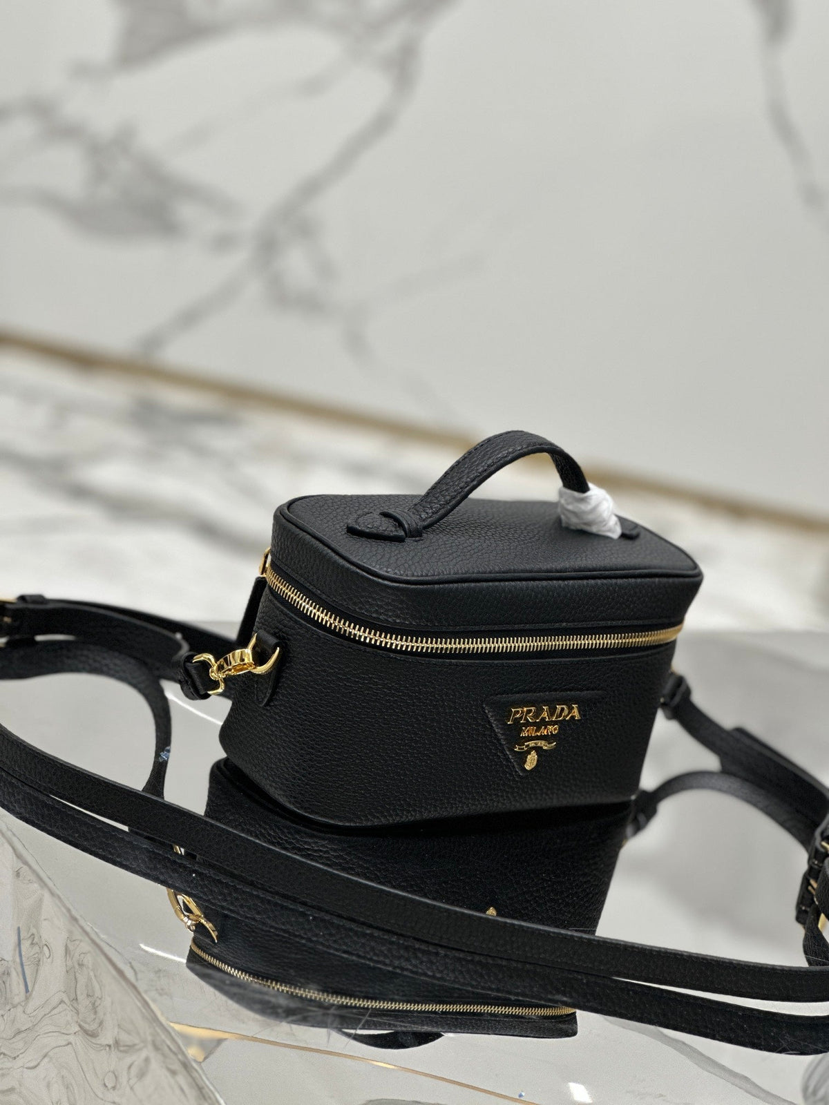 Prada Vanity Case 18 in Black Grained Calfskin Gold Hardware