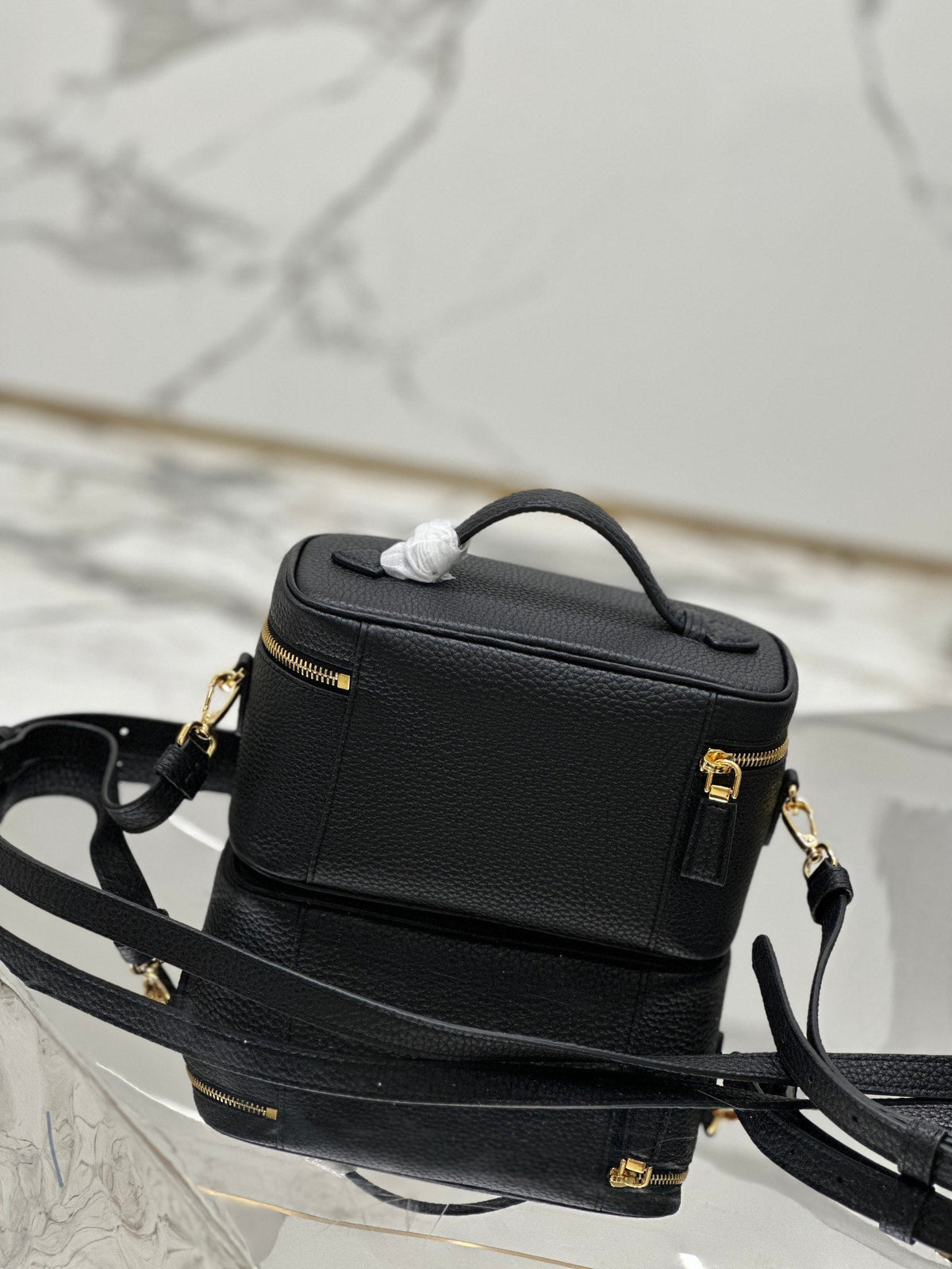 Prada Vanity Case 18 in Black Grained Calfskin Gold Hardware