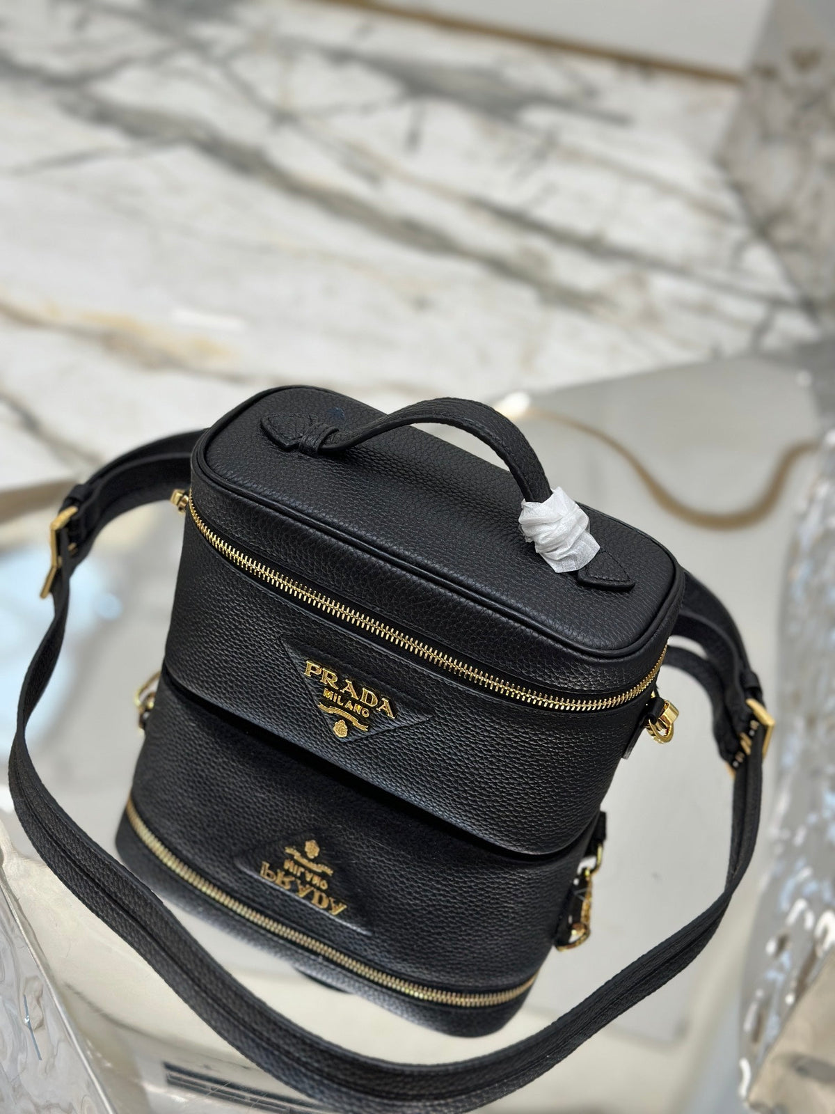 Prada Vanity Case 18 in Black Grained Calfskin Gold Hardware