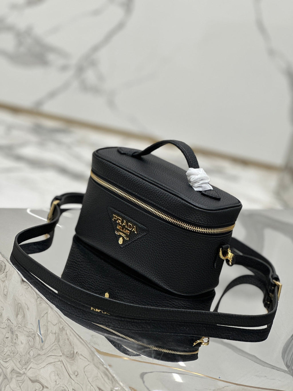 Prada Vanity Case 18 in Black Grained Calfskin Gold Hardware
