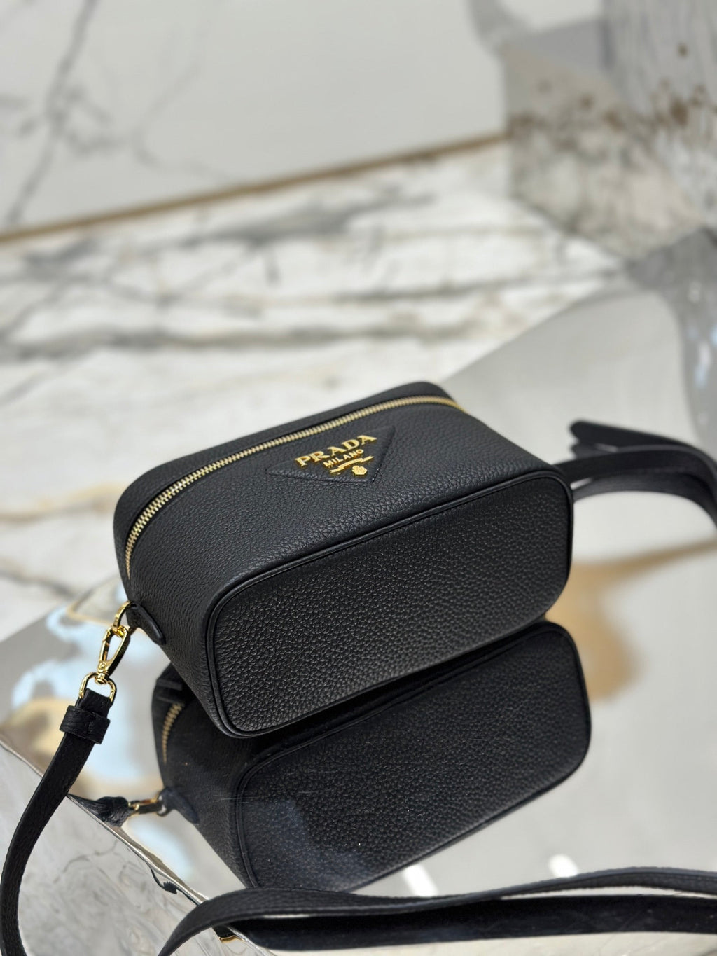 Prada Vanity Case 18 in Black Grained Calfskin Gold Hardware