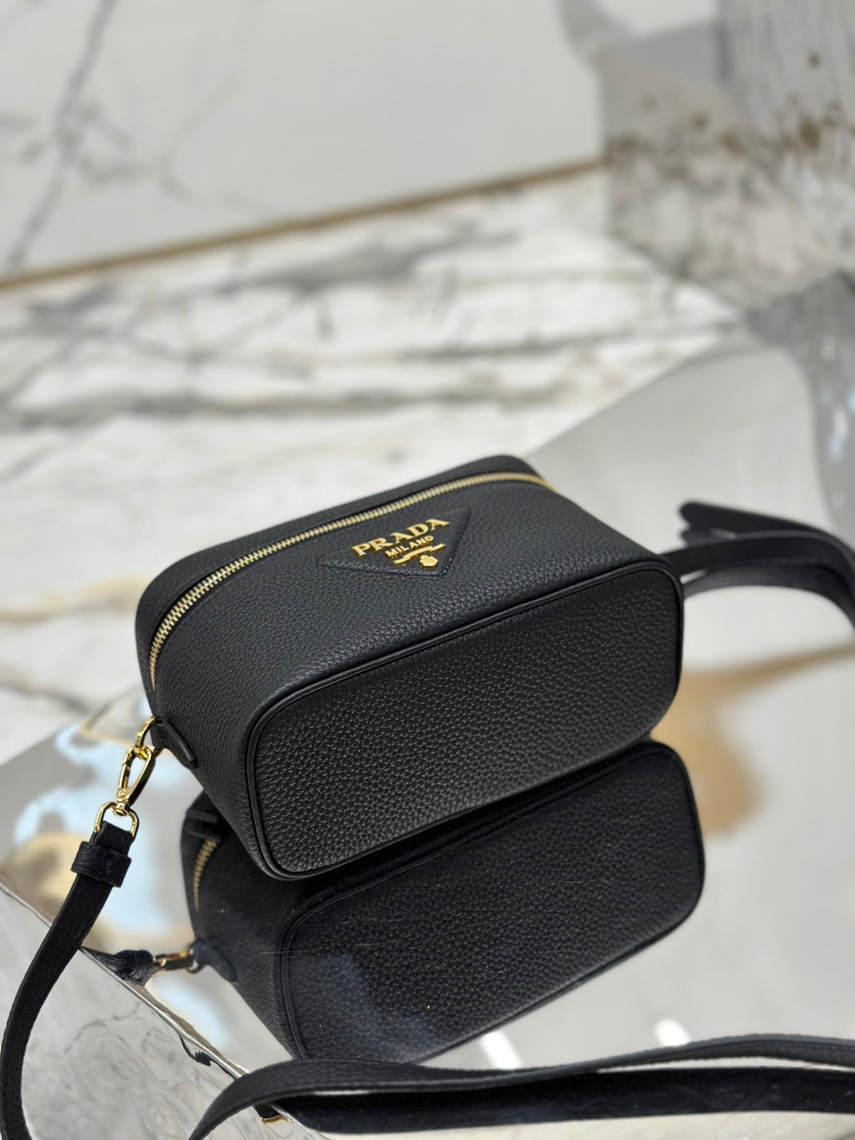 Prada Vanity Case 18 in Black Grained Calfskin Gold Hardware