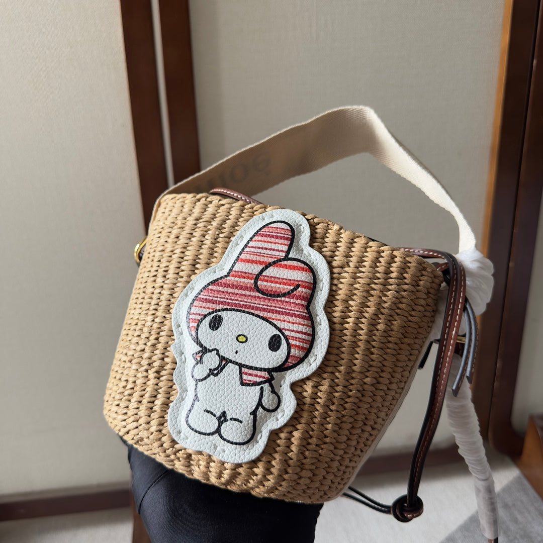 My Melody Small Woody Basket 17 in Natural Fibers Beige Webbing Brown Calfskin Bag