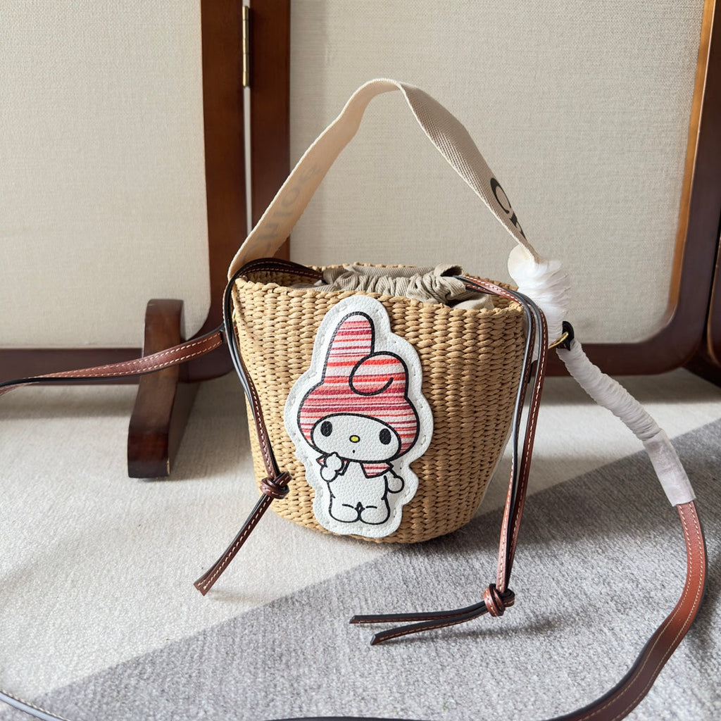 My Melody Small Woody Basket 17 in Natural Fibers Beige Webbing Brown Calfskin Bag