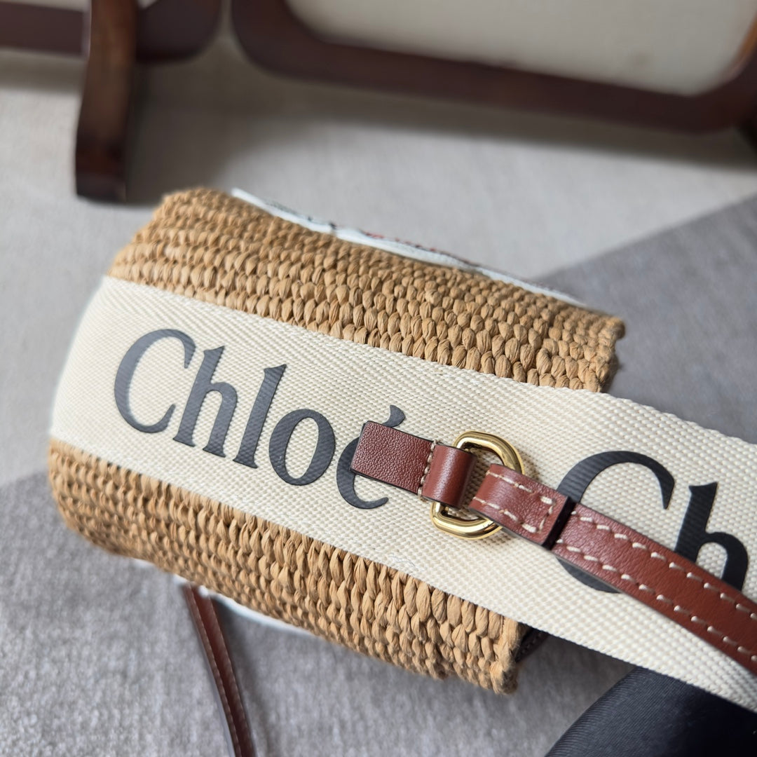My Melody Small Woody Basket 17 in Natural Fibers Beige Webbing Brown Calfskin Bag