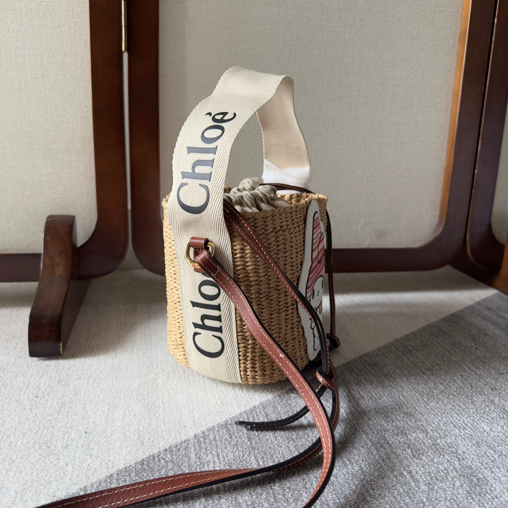 My Melody Small Woody Basket 17 in Natural Fibers Beige Webbing Brown Calfskin Bag