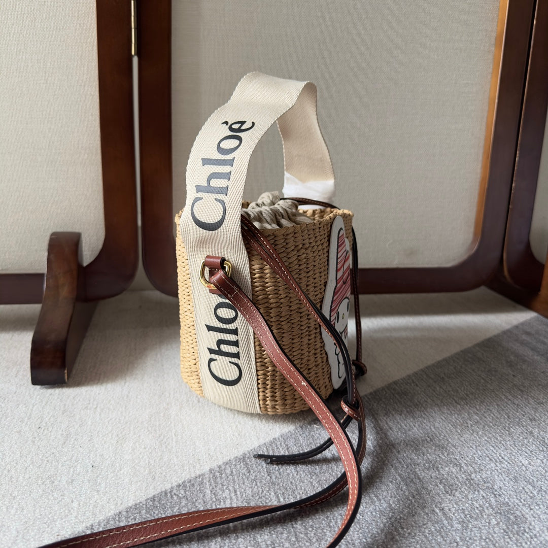 My Melody Small Woody Basket 17 in Natural Fibers Beige Webbing Brown Calfskin Bag