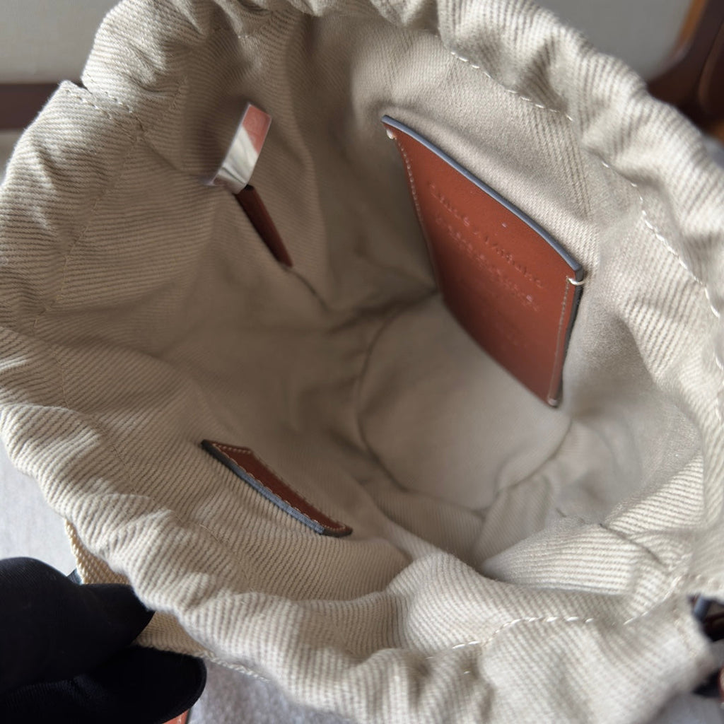 My Melody Small Woody Basket 17 in Natural Fibers Beige Webbing Brown Calfskin Bag