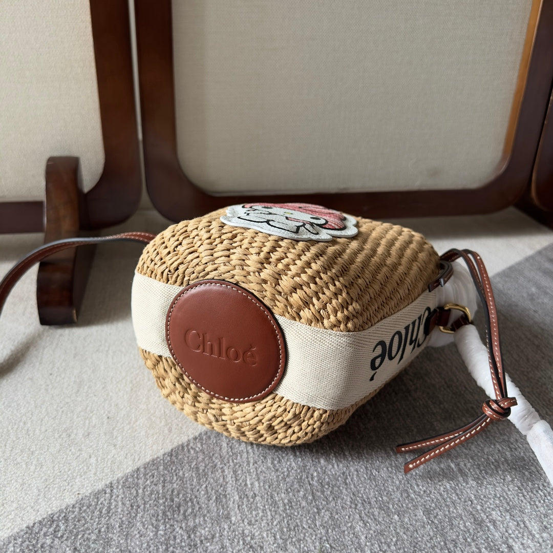 My Melody Small Woody Basket 17 in Natural Fibers Beige Webbing Brown Calfskin Bag