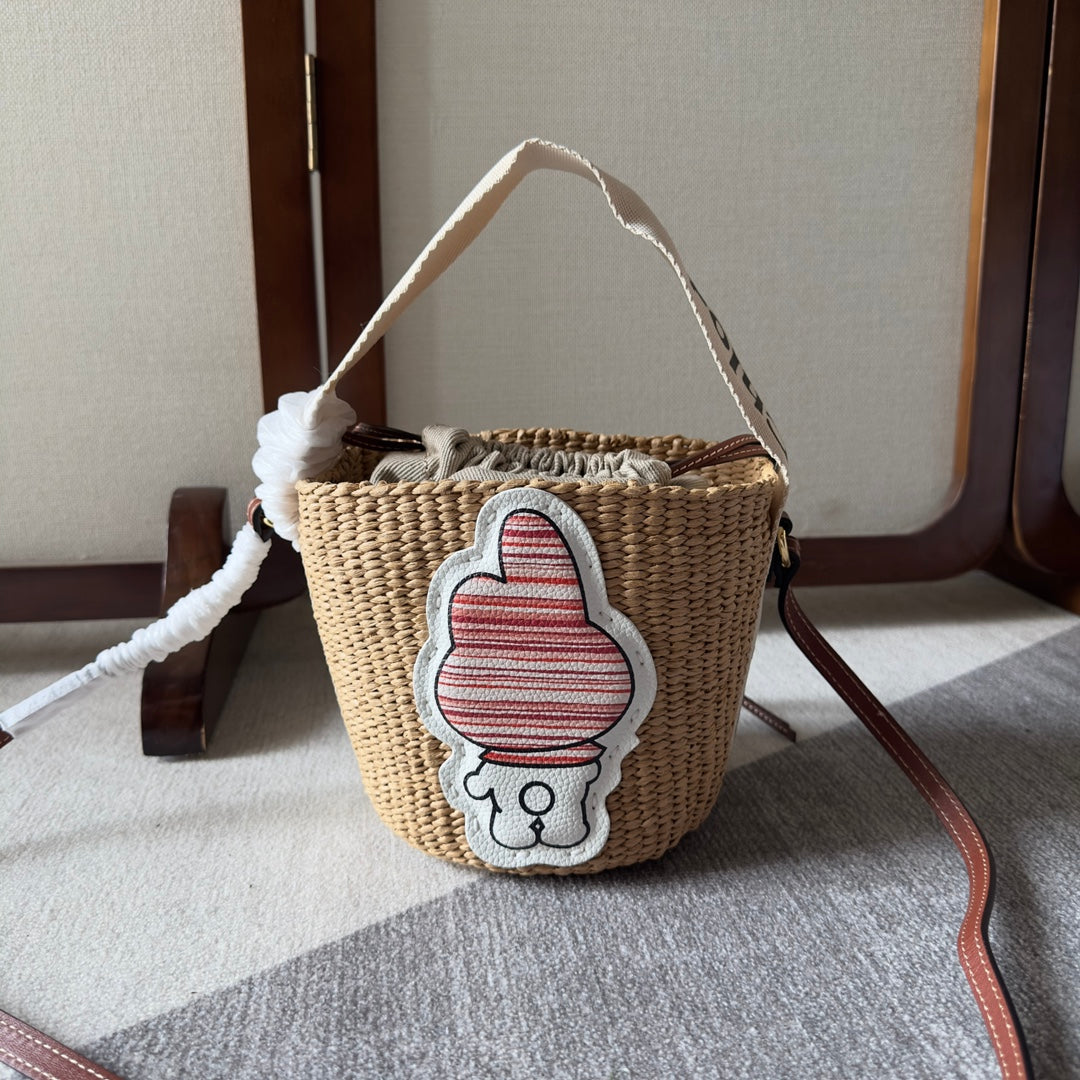 My Melody Small Woody Basket 17 in Natural Fibers Beige Webbing Brown Calfskin Bag
