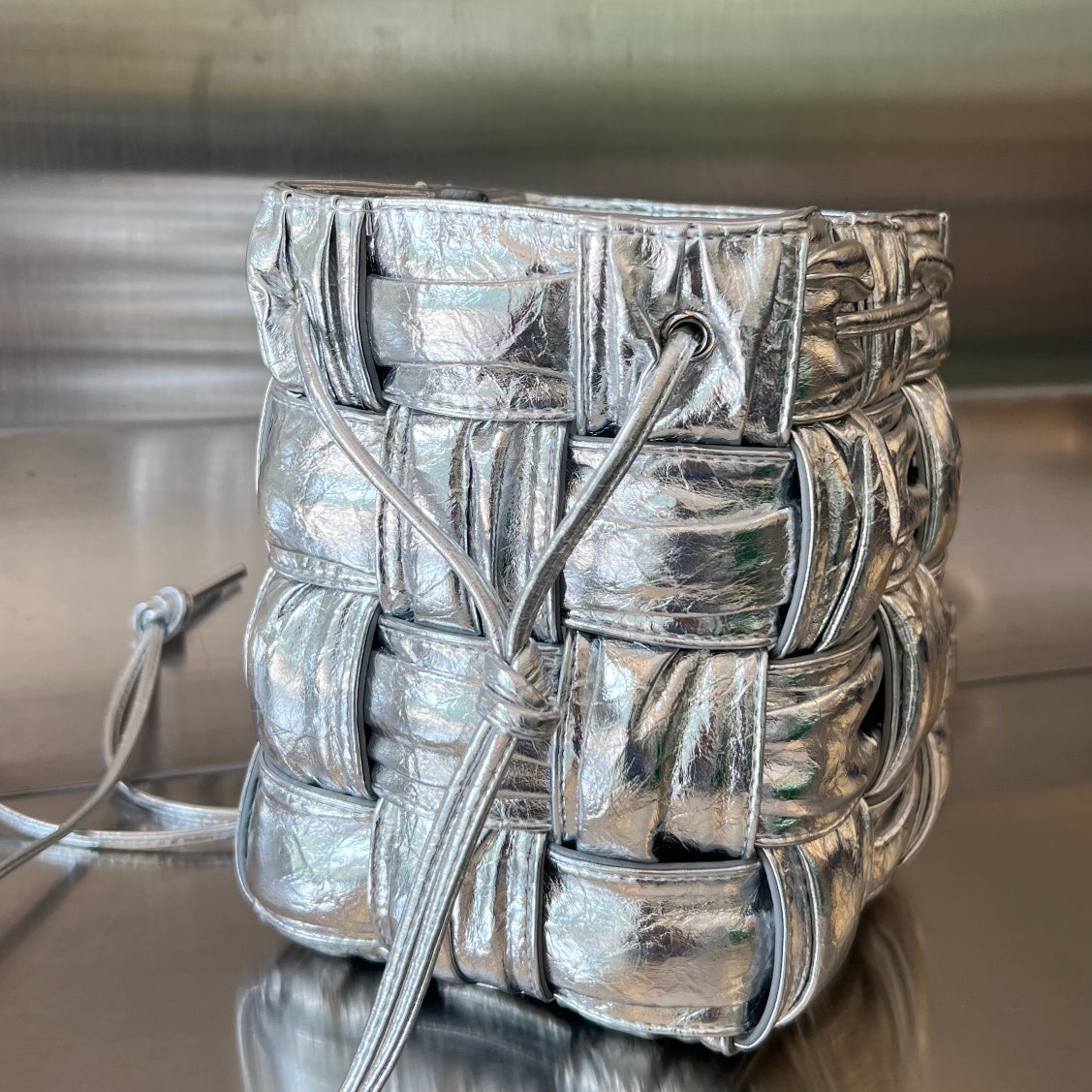 Bottega Veneta Small Cassette Bucket 18 in Silver Metallic Soft Lambskin