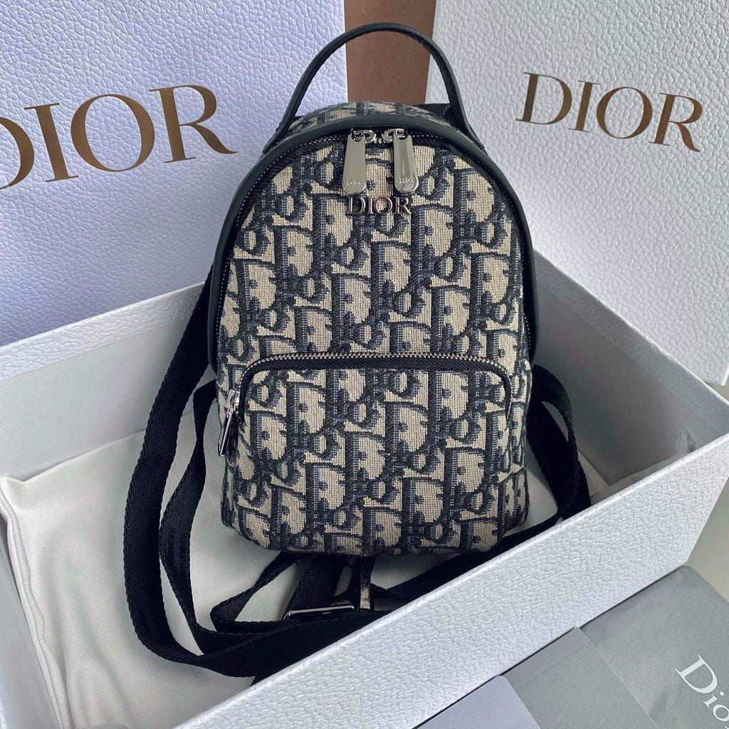 Dior Mini Rider Backpack 24 Beige and Black Oblique Jacquard