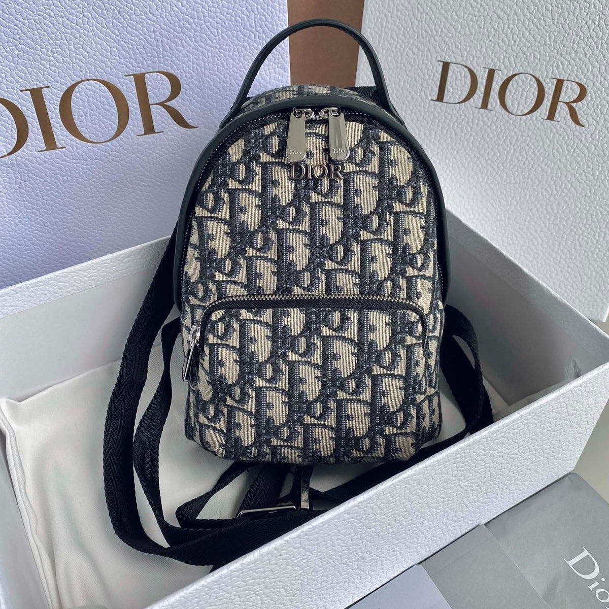 Dior Mini Rider Backpack 24 Beige and Black Oblique Jacquard