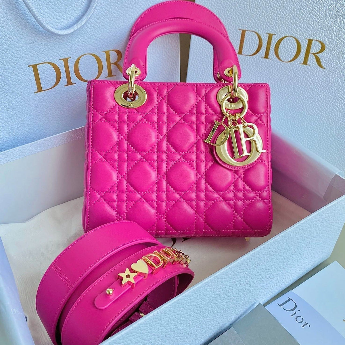 Dior Medium Lady 20 Handbag in Hot Pink Lambskin
