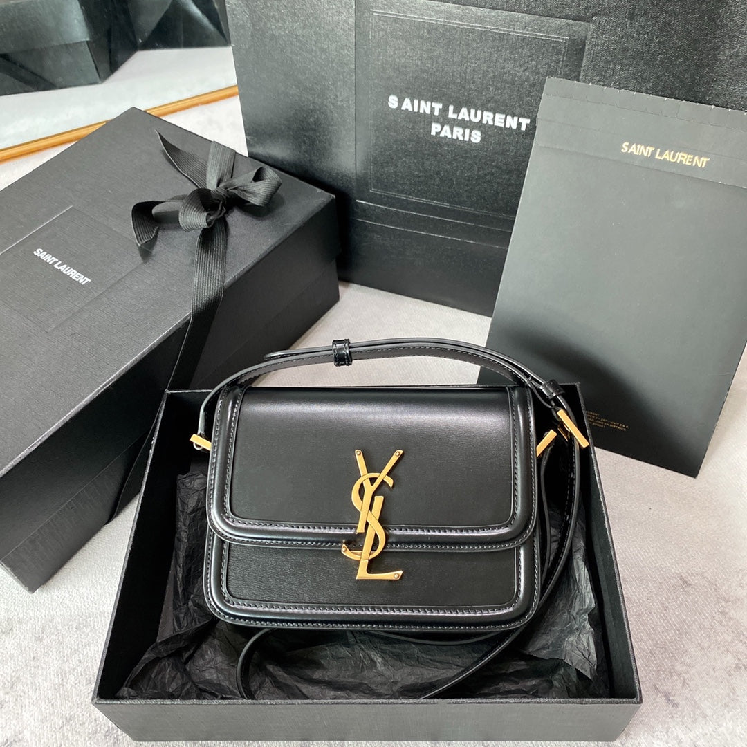 Solferino Small Satchel 19 in Black Calfskin Gold Logo