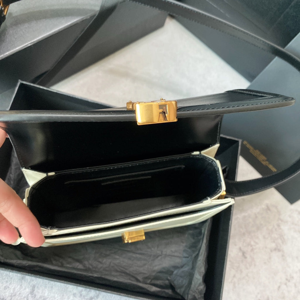 Solferino Small Satchel 19 in Black Mix White Calfskin Gold Logo