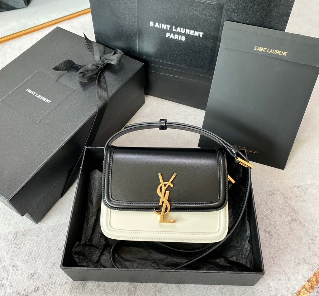 Solferino Small Satchel 19 in Black Mix White Calfskin Gold Logo