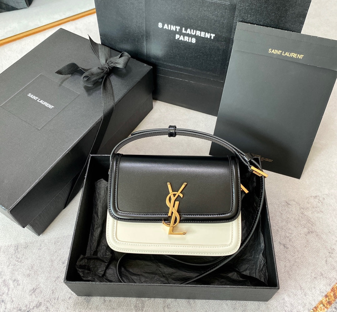 Solferino Small Satchel 19 in Black Mix White Calfskin Gold Logo