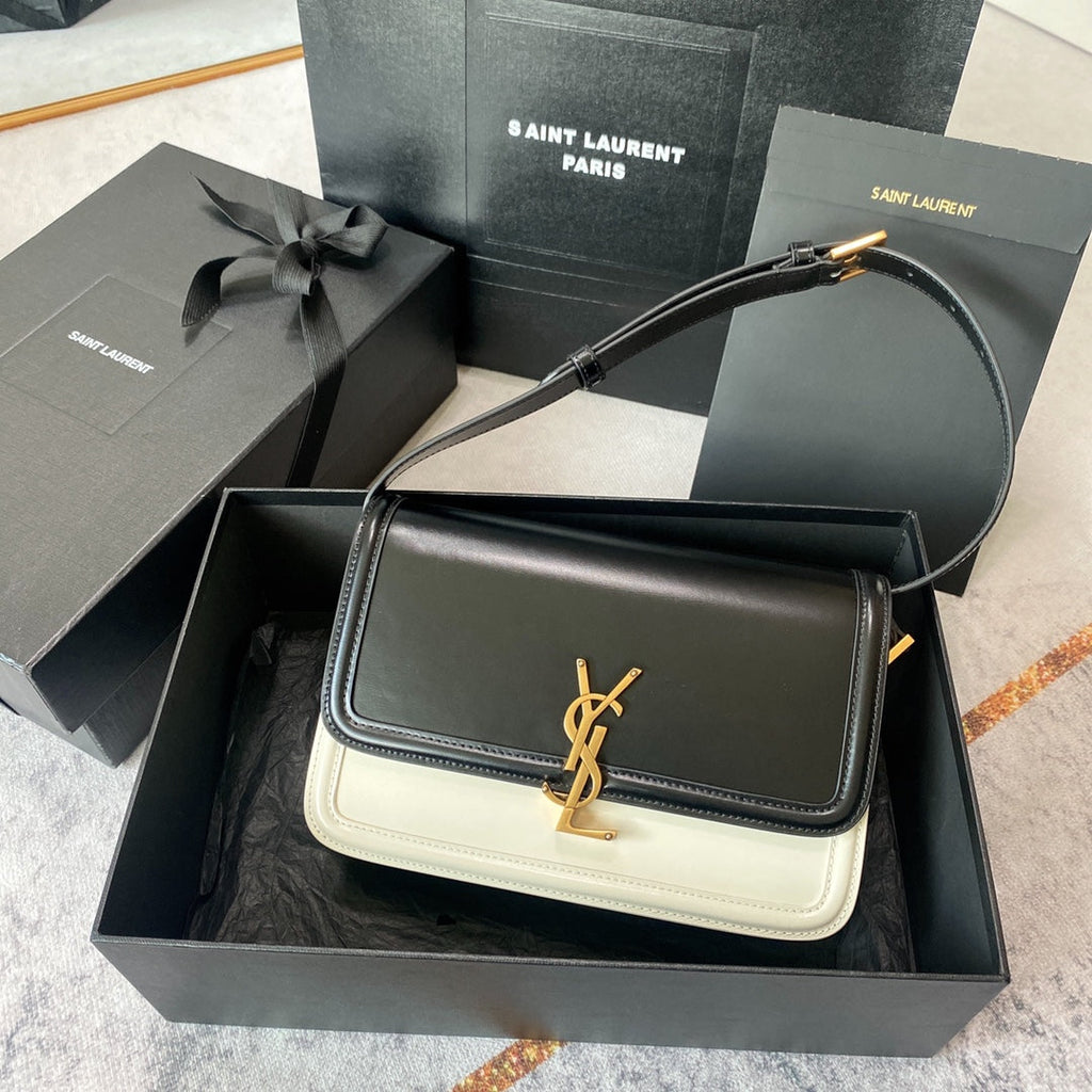 Solferino Medium Satchel 23 in Black Mix White Calfskin Gold Logo