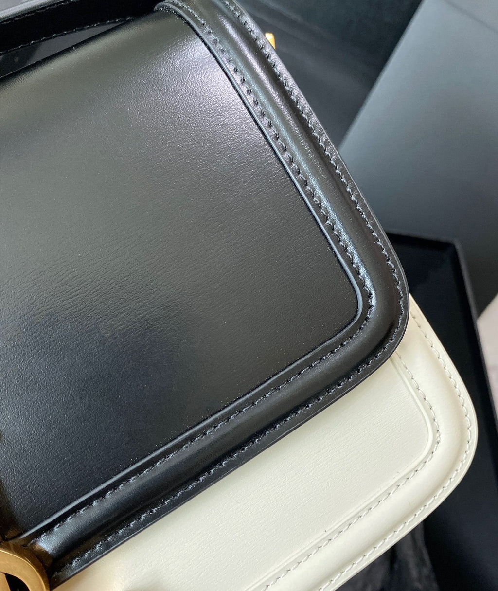 Solferino Medium Satchel 23 in Black Mix White Calfskin Gold Logo