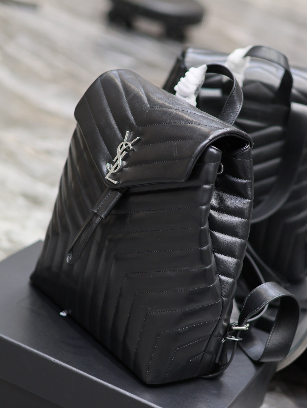 Saint Laurent Lou Backpack 33 in Black Quilted Calfskin Silver Hardware