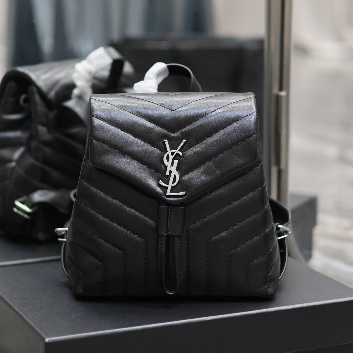 Saint Laurent Lou Backpack 26 in Black Quilted Calfskin Silver Hardware