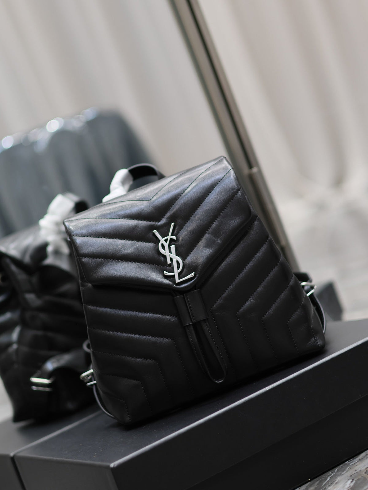 Saint Laurent Lou Backpack 26 in Black Quilted Calfskin Silver Hardware
