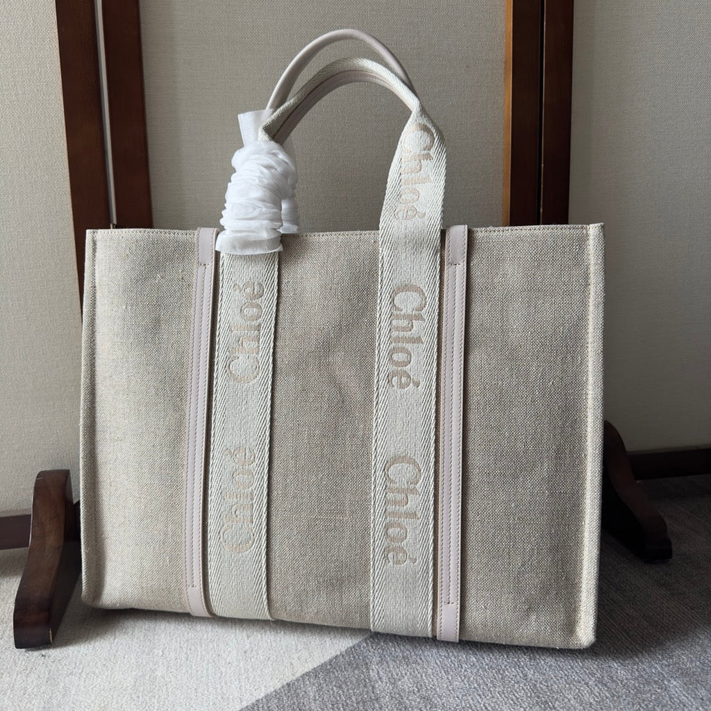 Lagre Woody Tote Bag 45 in Beige Linen Canvas Webbing Logo Embroider Cotton White Calfskin