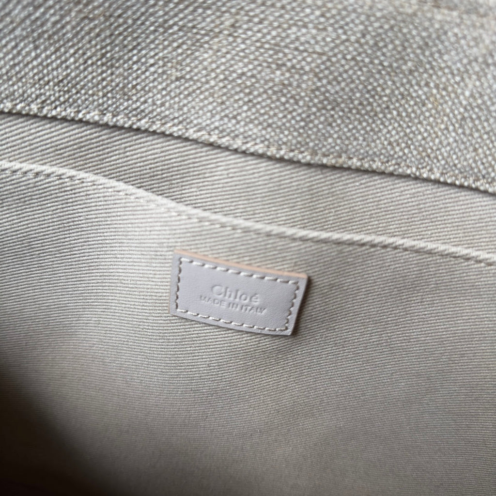 Lagre Woody Tote Bag 45 in Beige Linen Canvas Webbing Logo Embroider Cotton White Calfskin