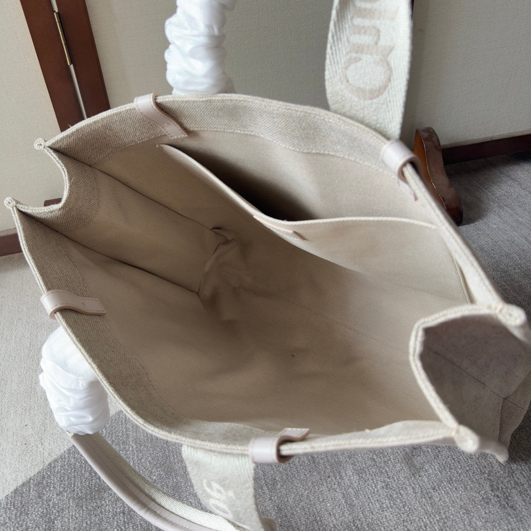 Lagre Woody Tote Bag 45 in Beige Linen Canvas Webbing Logo Embroider Cotton White Calfskin