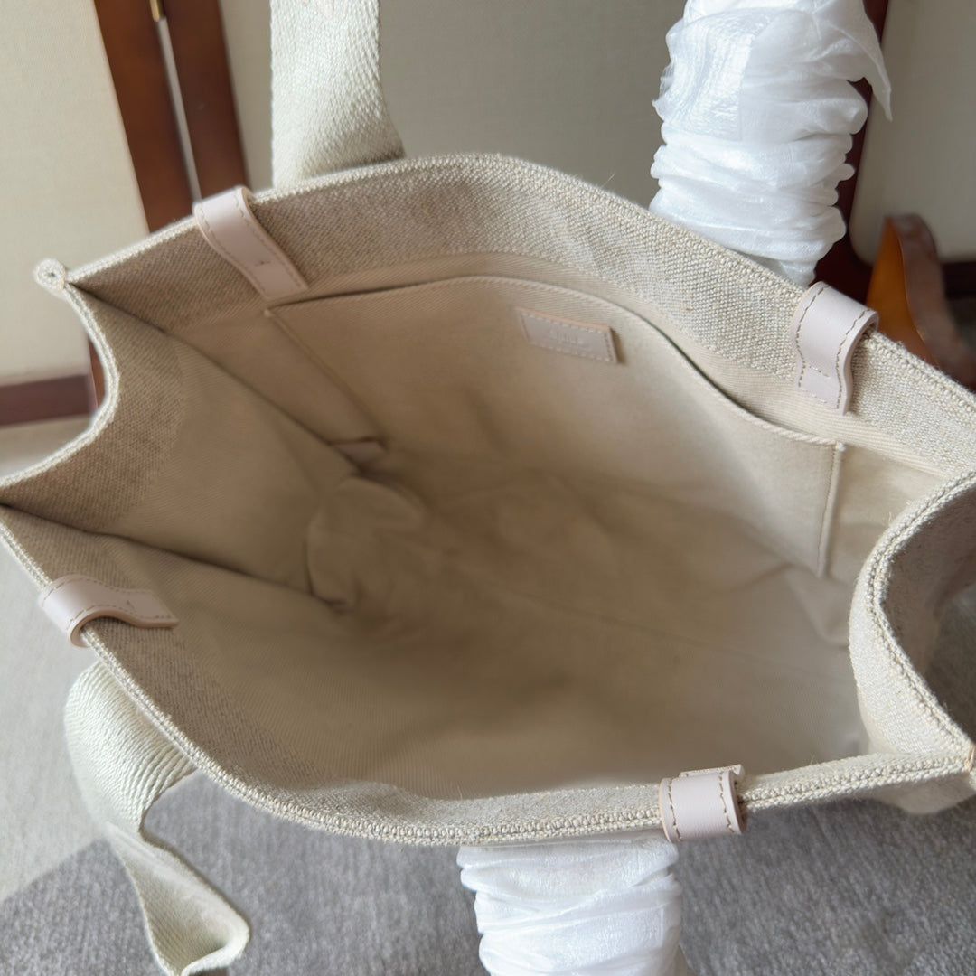 Medium Woody Tote Bag 37 in Beige Linen Canvas Webbing Logo Embroider Cotton White Calfskin