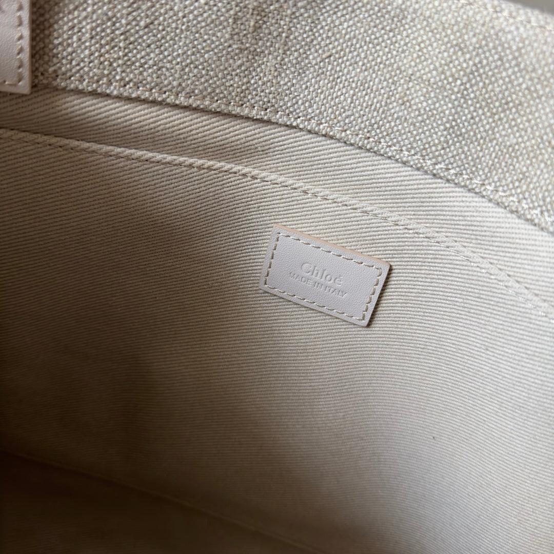 Medium Woody Tote Bag 37 in Beige Linen Canvas Webbing Logo Embroider Cotton White Calfskin