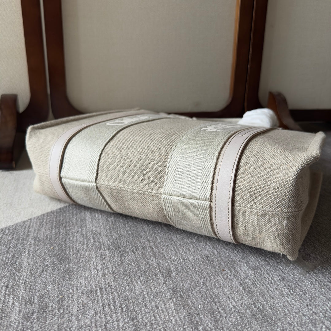 Medium Woody Tote Bag 37 in Beige Linen Canvas Webbing Logo Embroider Cotton White Calfskin