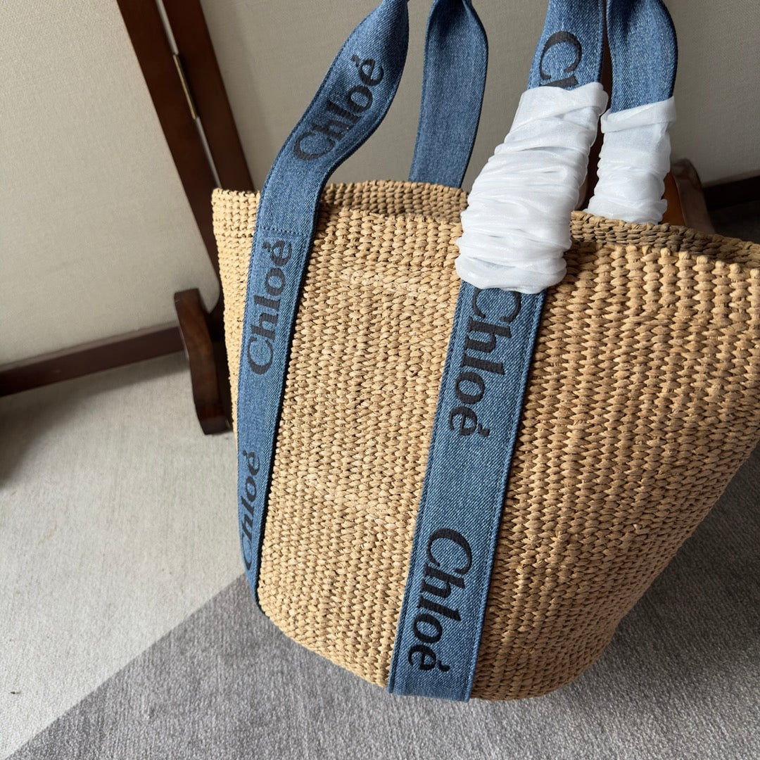 Lagre Woody Tote Bag 48 in Natural Fibers Blue Denim Black Calfskin