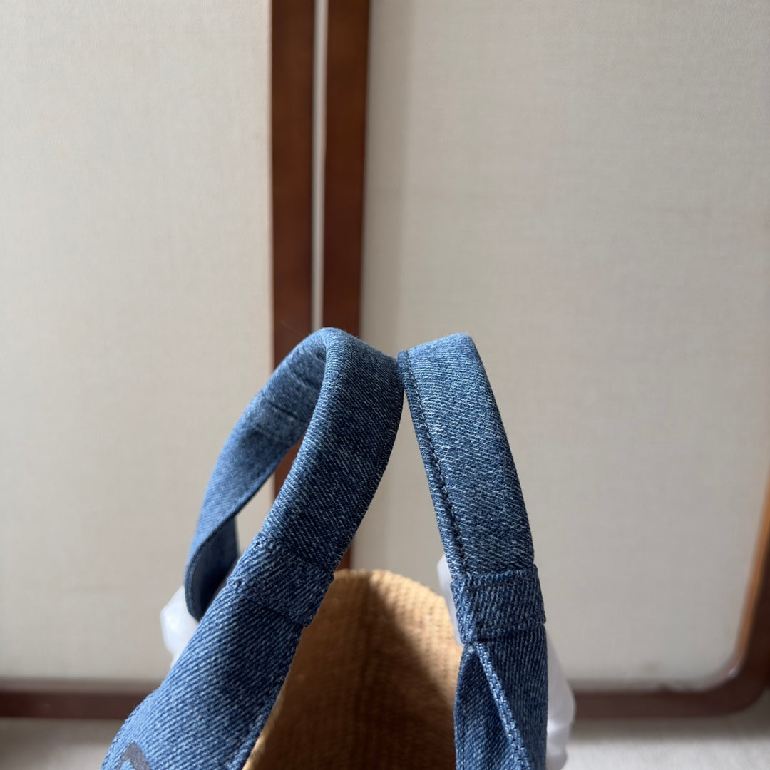 Lagre Woody Tote Bag 48 in Natural Fibers Blue Denim Black Calfskin