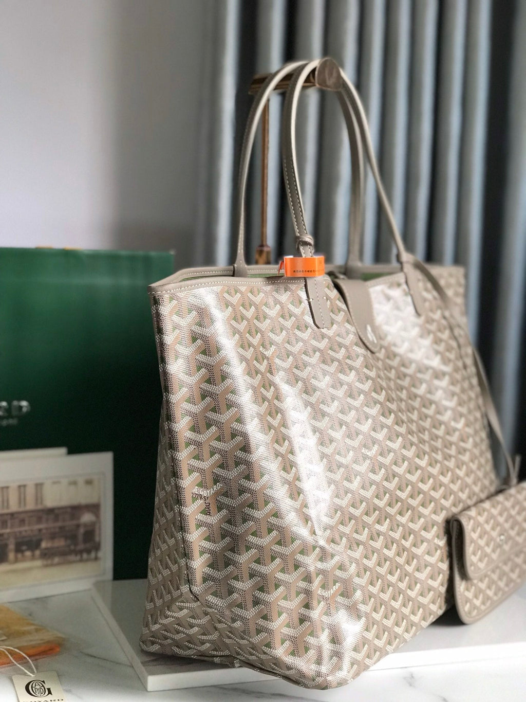 Goyard Saint Louis PM 40 in Grey Mix Green Goyardine Canvas and Calfskin Bag