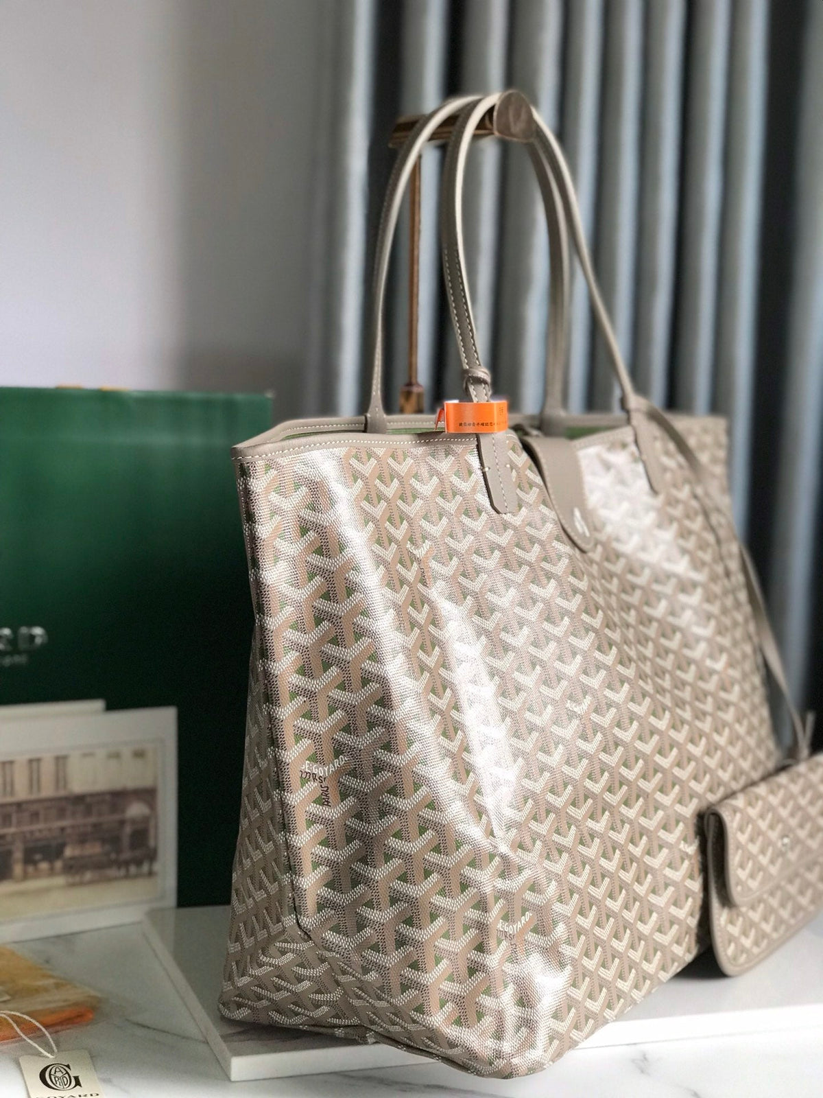 Goyard Saint Louis PM 40 in Grey Mix Green Goyardine Canvas and Calfskin Bag