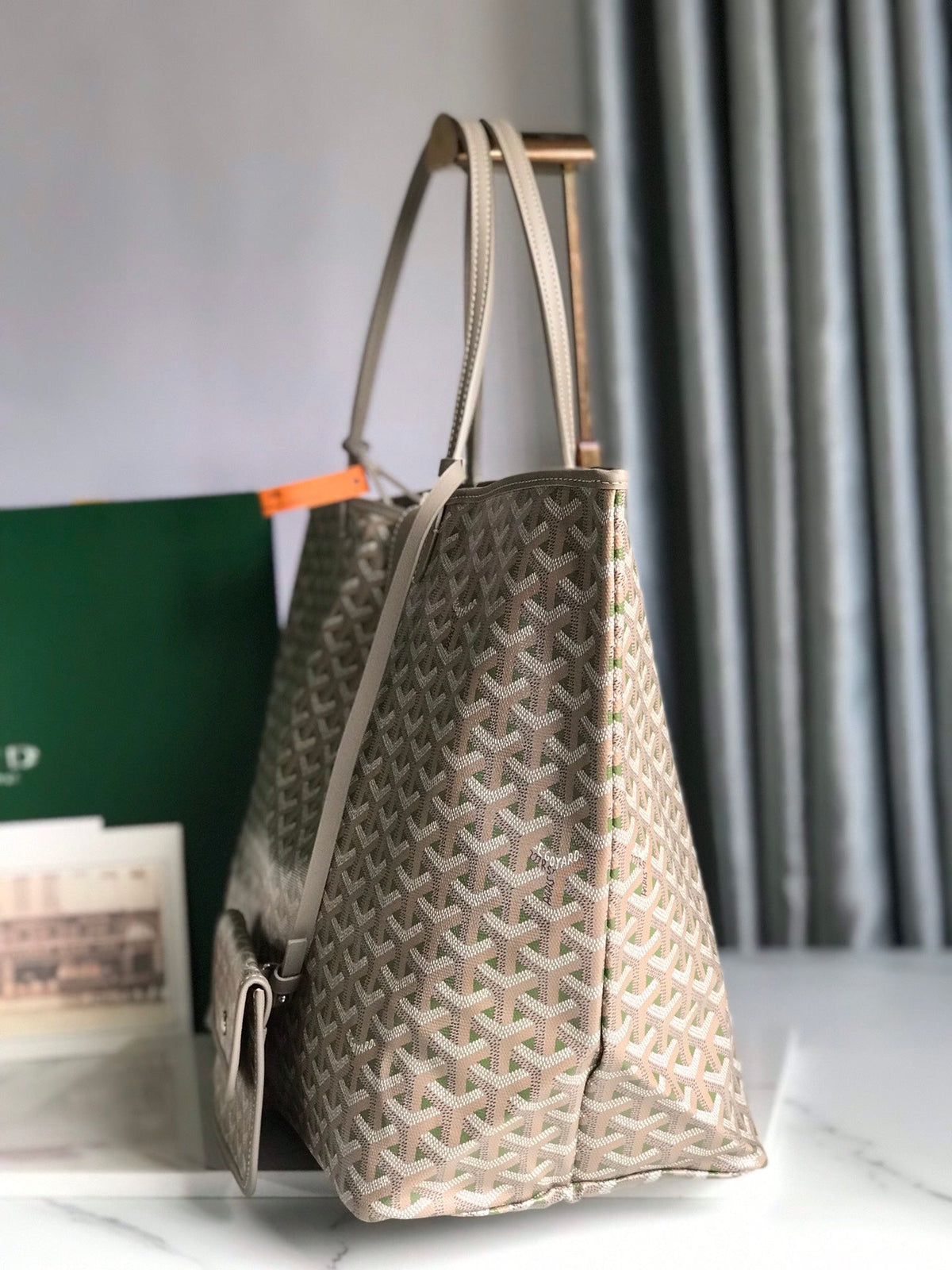 Goyard Saint Louis PM 40 in Grey Mix Green Goyardine Canvas and Calfskin Bag