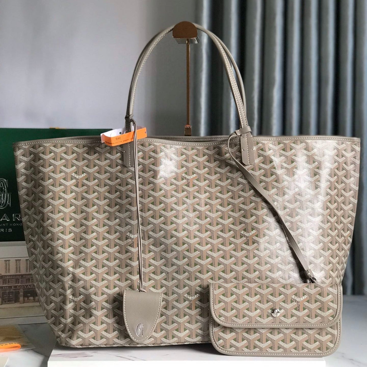 Goyard Saint Louis PM 40 in Grey Mix Green Goyardine Canvas and Calfskin Bag