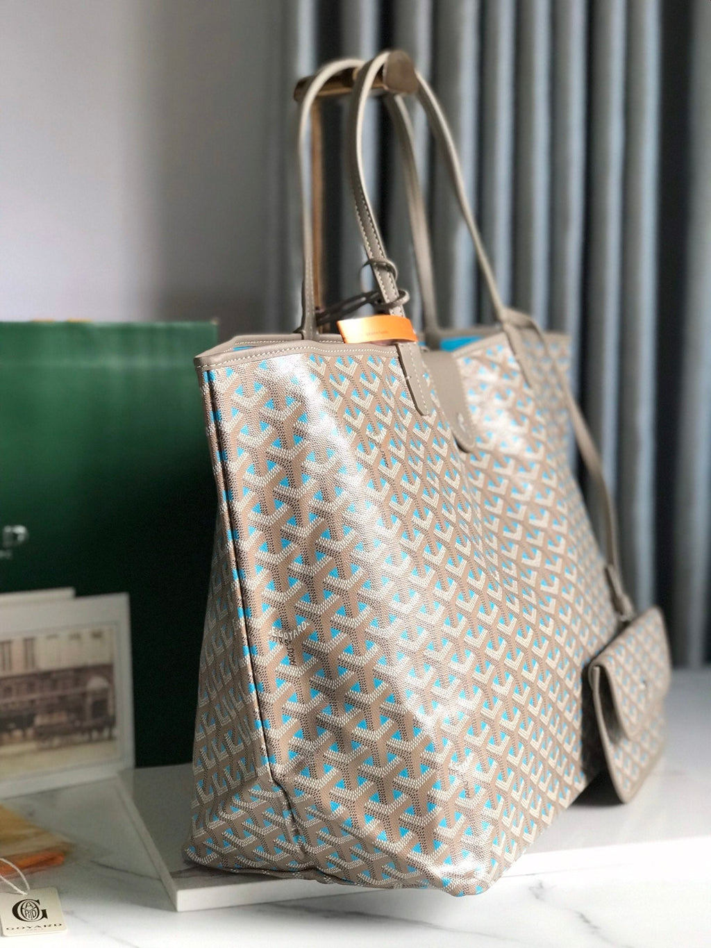 Goyard Saint Louis PM 40 in Grey Mix Blue Goyardine Canvas and Calfskin Bag