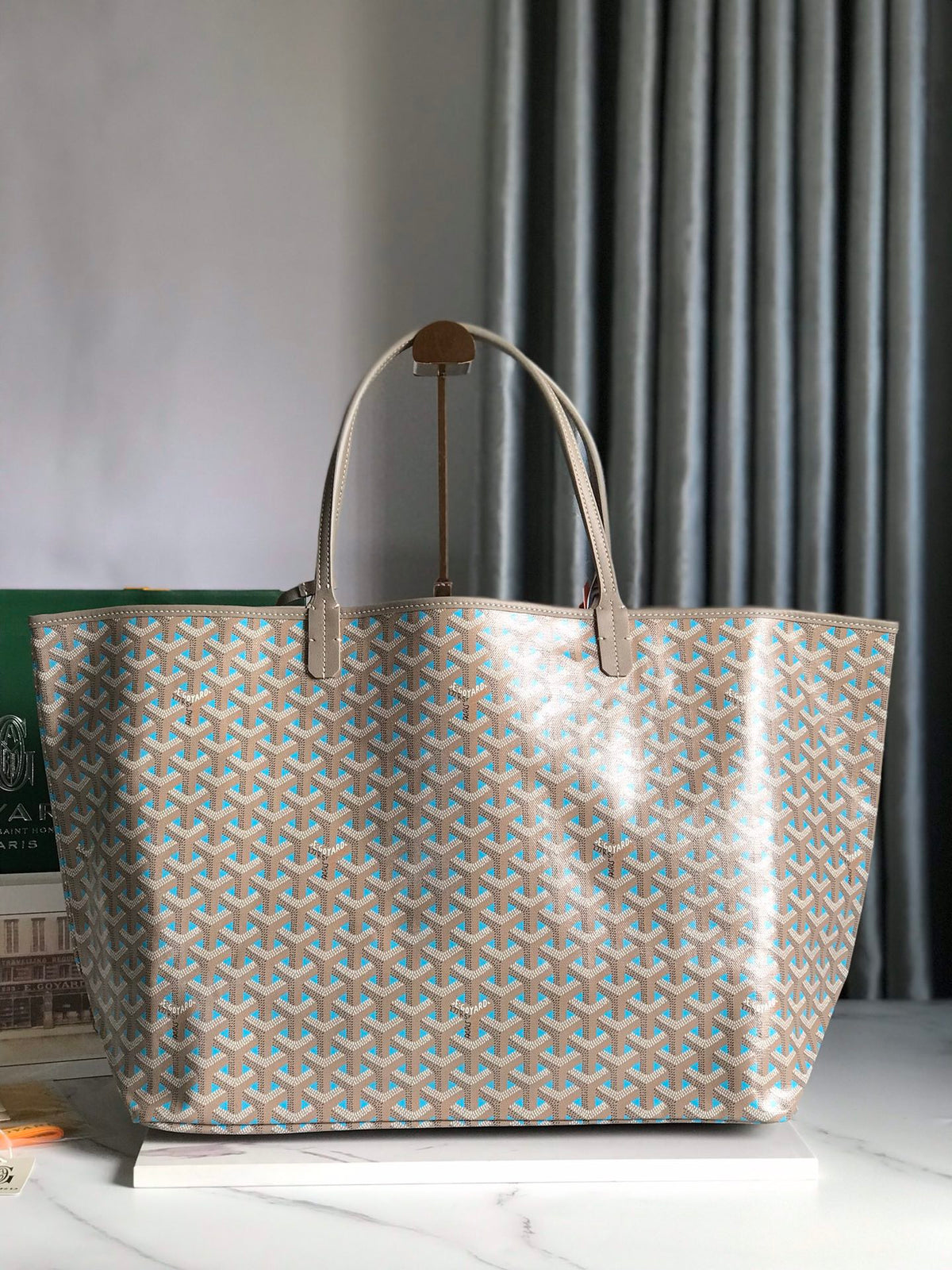 Goyard Saint Louis PM 40 in Grey Mix Blue Goyardine Canvas and Calfskin Bag