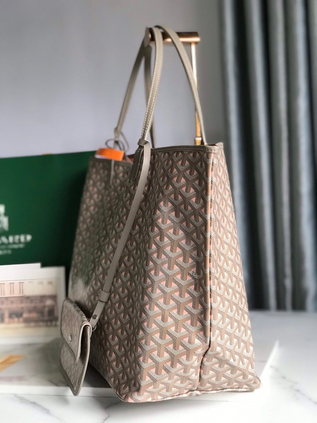 Goyard Saint Louis PM 40 in Grey Mix Pink Goyardine Canvas and Calfskin Bag
