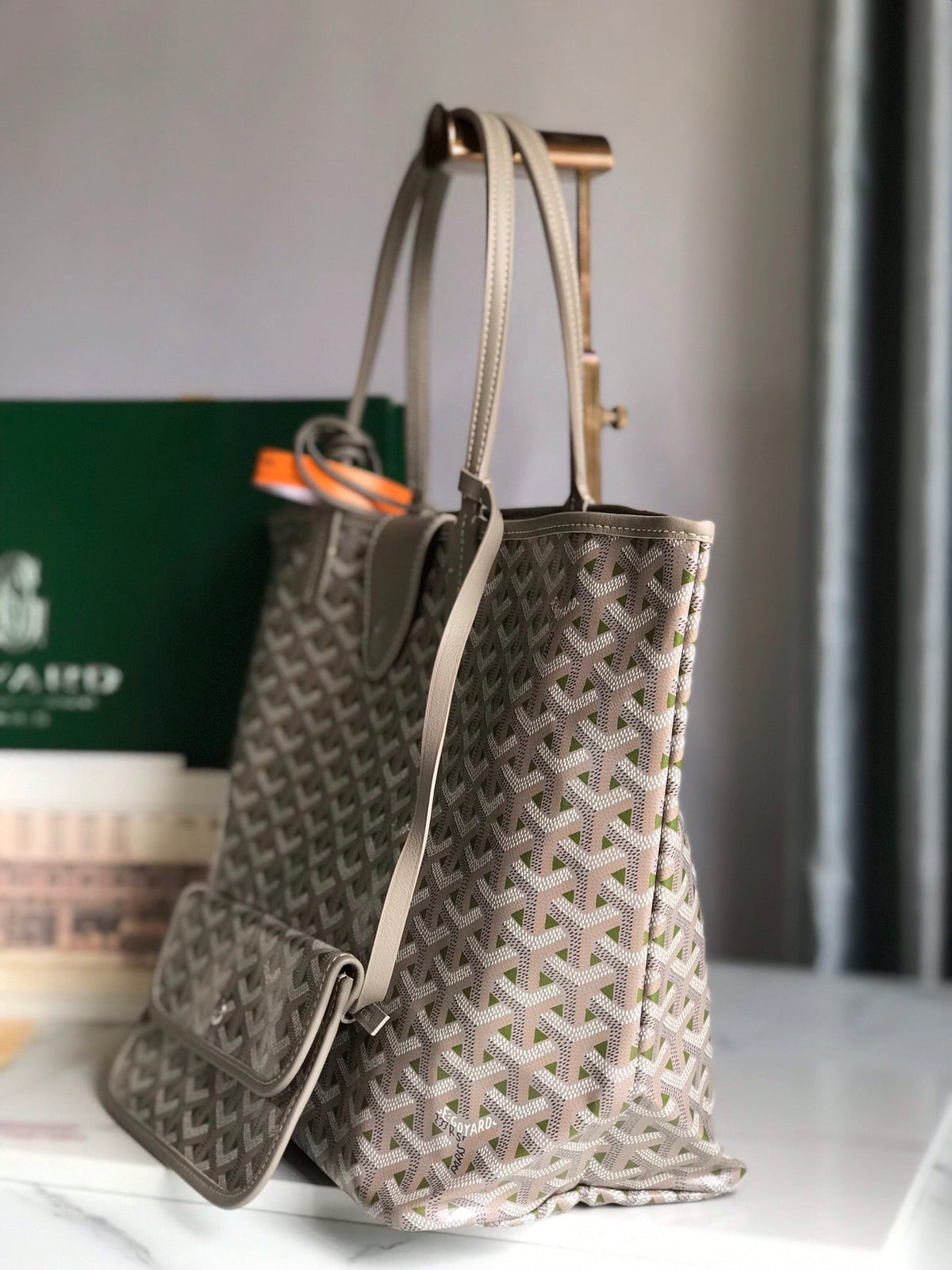 Goyard Saint Louis PM 34 in Grey Mix Green Goyardine Canvas and Calfskin Bag