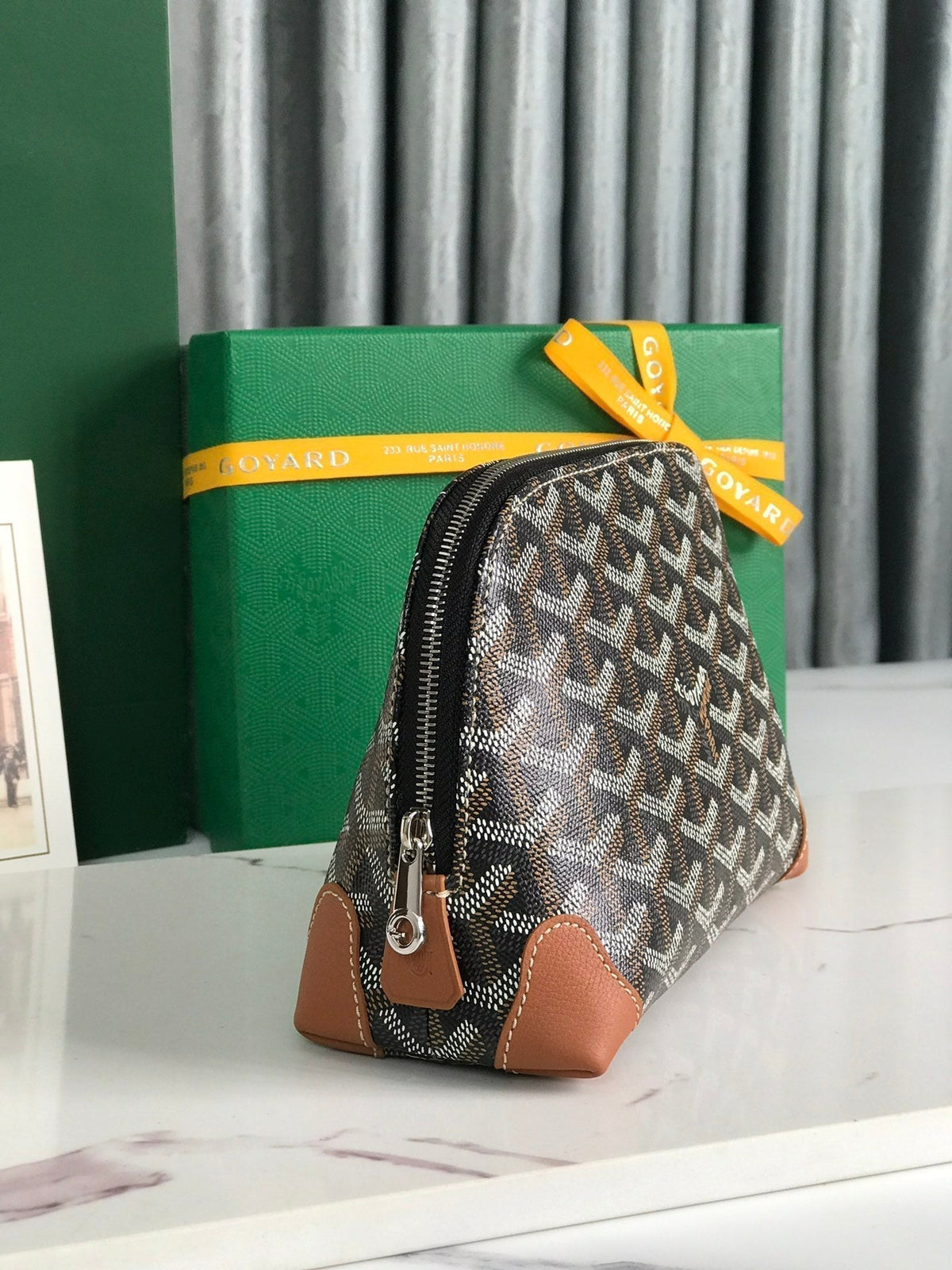 Goyard Vendôme Cosmetic Pouch 17 in Black Goyardine Canvas and Tan Calfskin Trim
