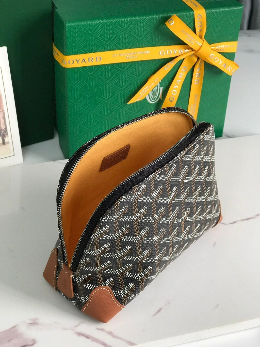 Goyard Vendôme Cosmetic Pouch 17 in Black Goyardine Canvas and Tan Calfskin Trim