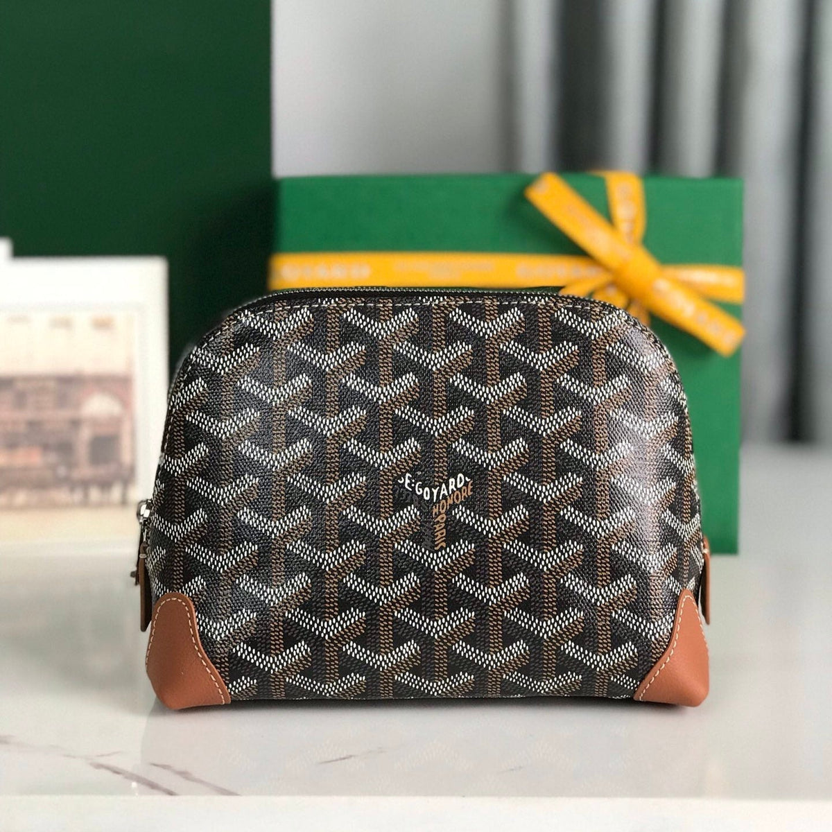 Goyard Vendôme Cosmetic Pouch 17 in Black Goyardine Canvas and Tan Calfskin Trim