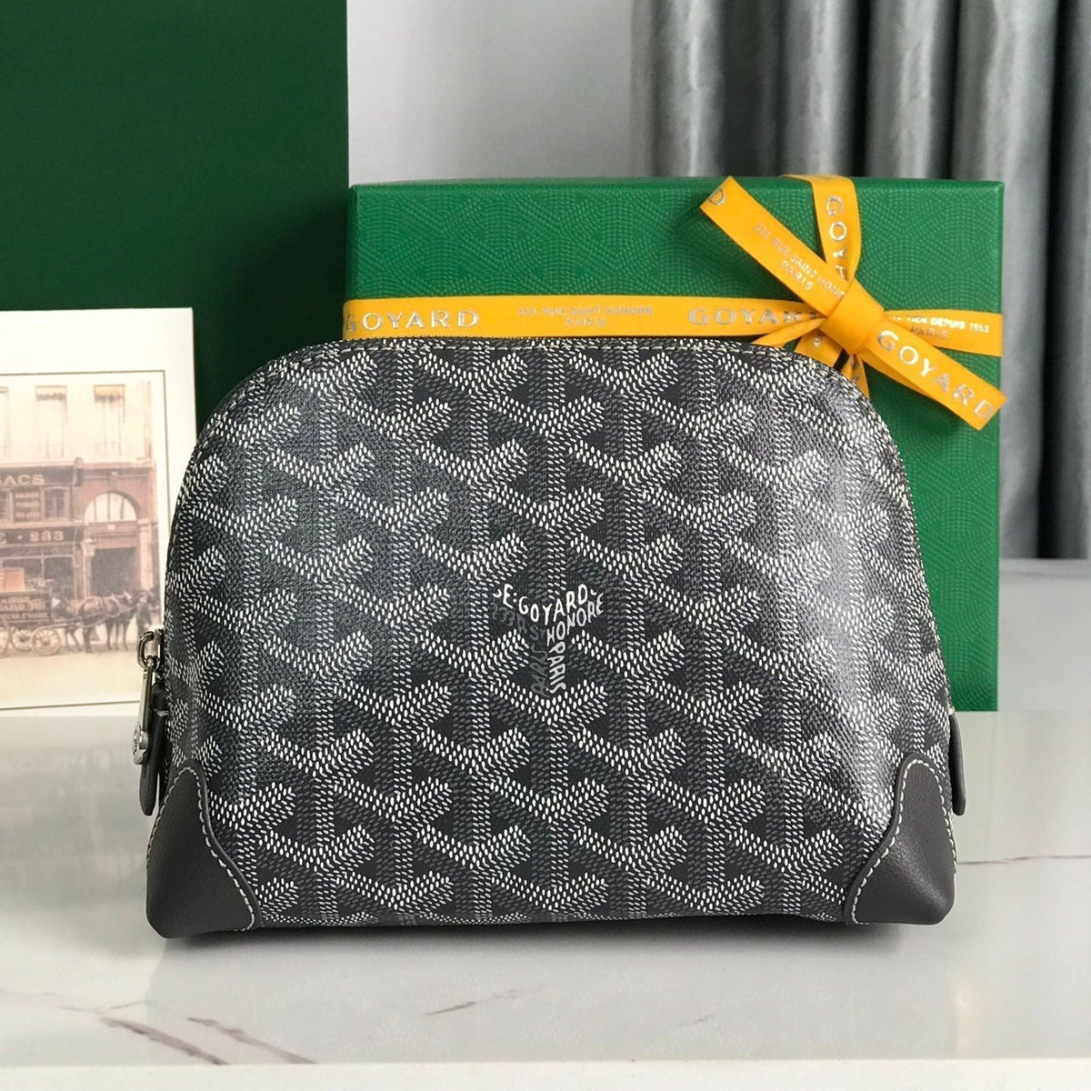 Goyard Vendôme Cosmetic Pouch 17 in Grey Black Goyardine Canvas and Calfskin Trim