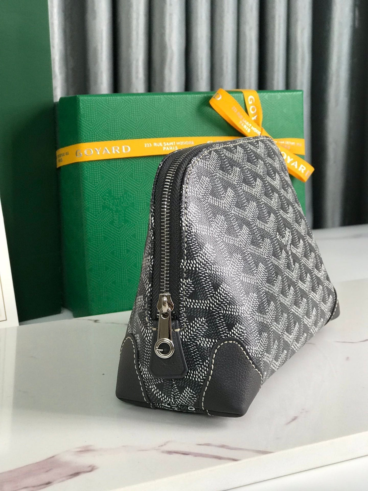 Goyard Vendôme Cosmetic Pouch 17 in Grey Black Goyardine Canvas and Calfskin Trim