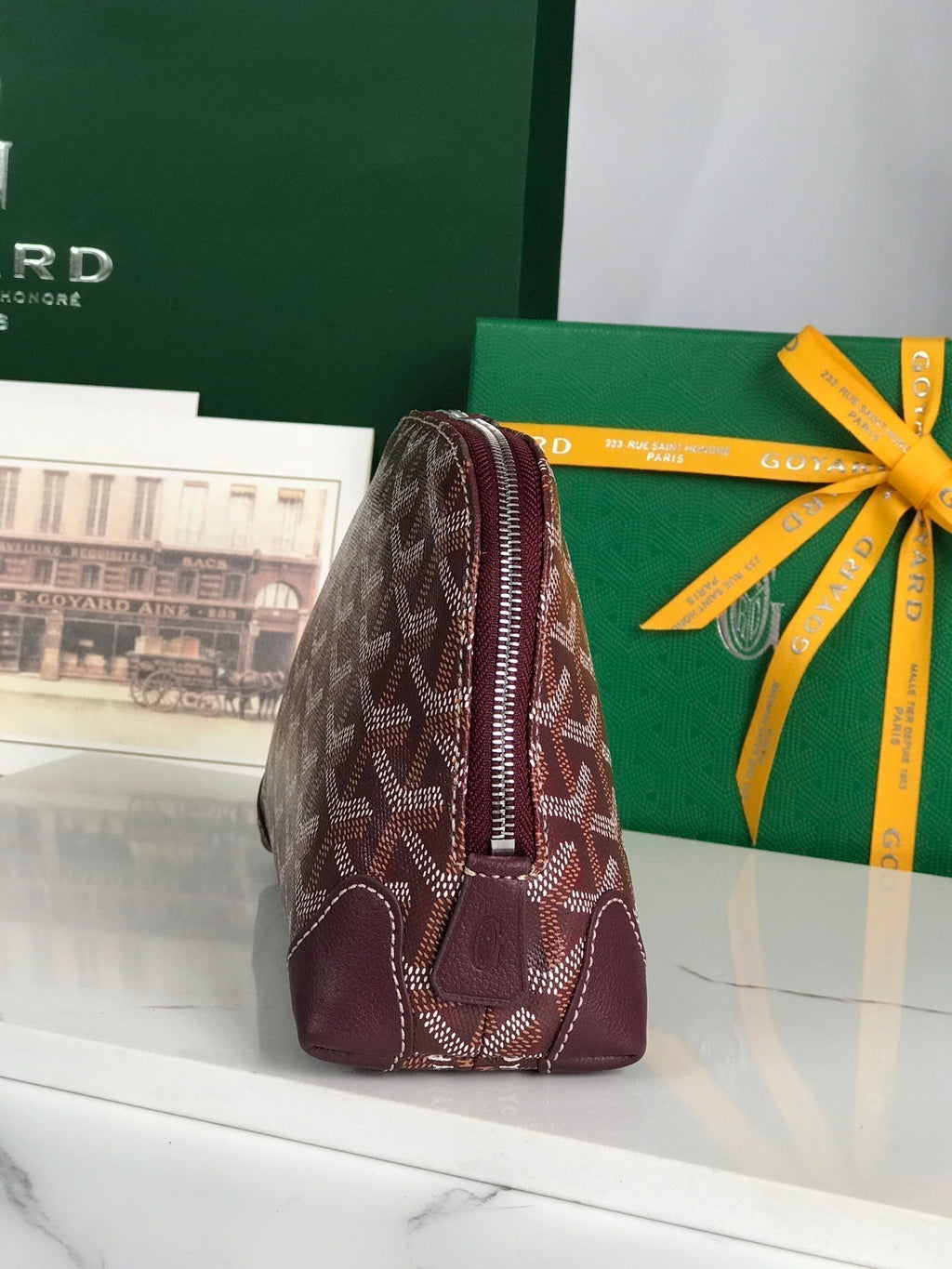 Goyard Vendôme Cosmetic Pouch 17 in Wine Red Goyardine Canvas and Calfskin Trim
