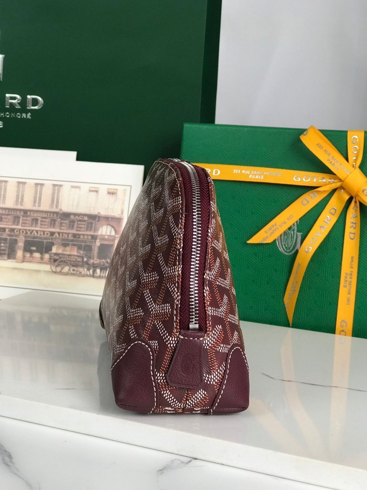 Goyard Vendôme Cosmetic Pouch 17 in Wine Red Goyardine Canvas and Calfskin Trim